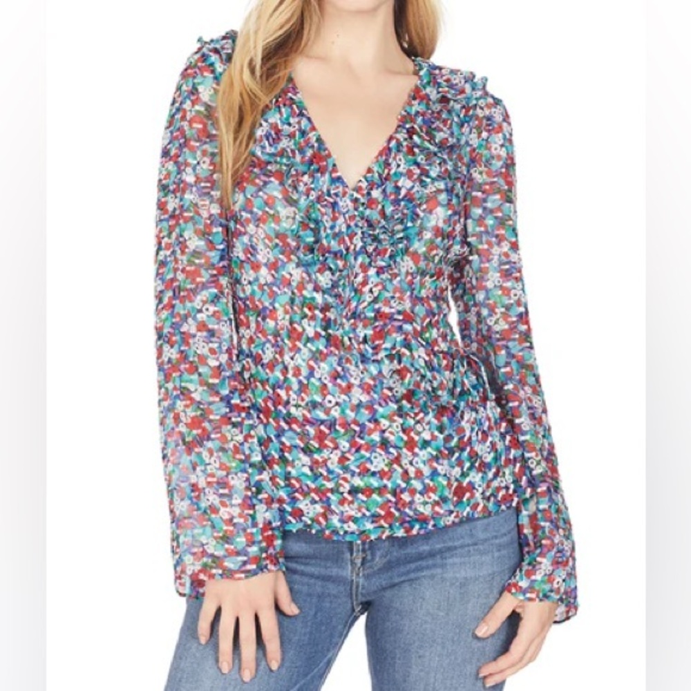 Saloni Iman Top Blue Poppy Field Silk Blend Long Sleeve Wrap Top Womens Size 2